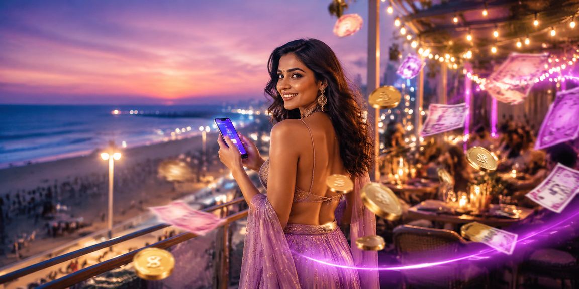 Happy young adult signing up on mobile near beach