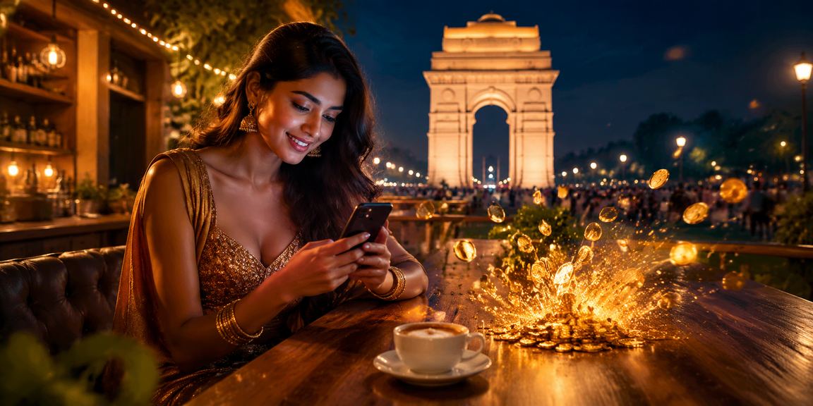 Mobile casino user at India Gate Delhi at night